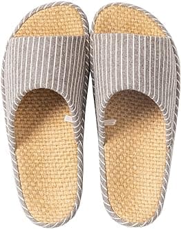 Womens House Slippers Summer Open Toe Tatami Straw Men's Indoor Shoes,Bedroom Linen Lightweight Slip Silent Slippers