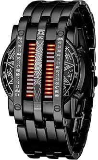 MASTOPMens Creative Binary Digital Watches Unique Matrix LED Watch Futuristic Cool Stainless Steel Wrist Watch