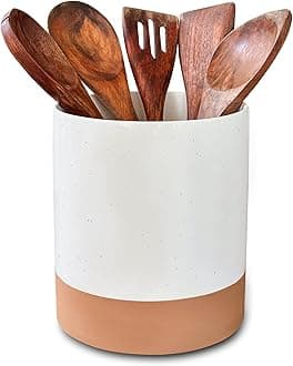 Mora Ceramic Kitchen Utensil Holder - Wooden Spoon & Spatula Crock for Countertop, Modern Farmhouse Home Decor, Extra Large 7.3" Cooking Organizer for Stove Top and Counter - Heavy & Sturdy - Vanilla