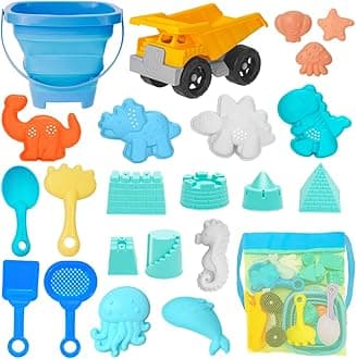 Beach Toys, 23Pcs Sand Toys with Dump Truck, Collapsible Beach Bucket, Sand Castle Building Kit, Sand Molds, Beach Shovel, Mesh Bag, Travel Outdoor Toys for Kids Ages 4-8