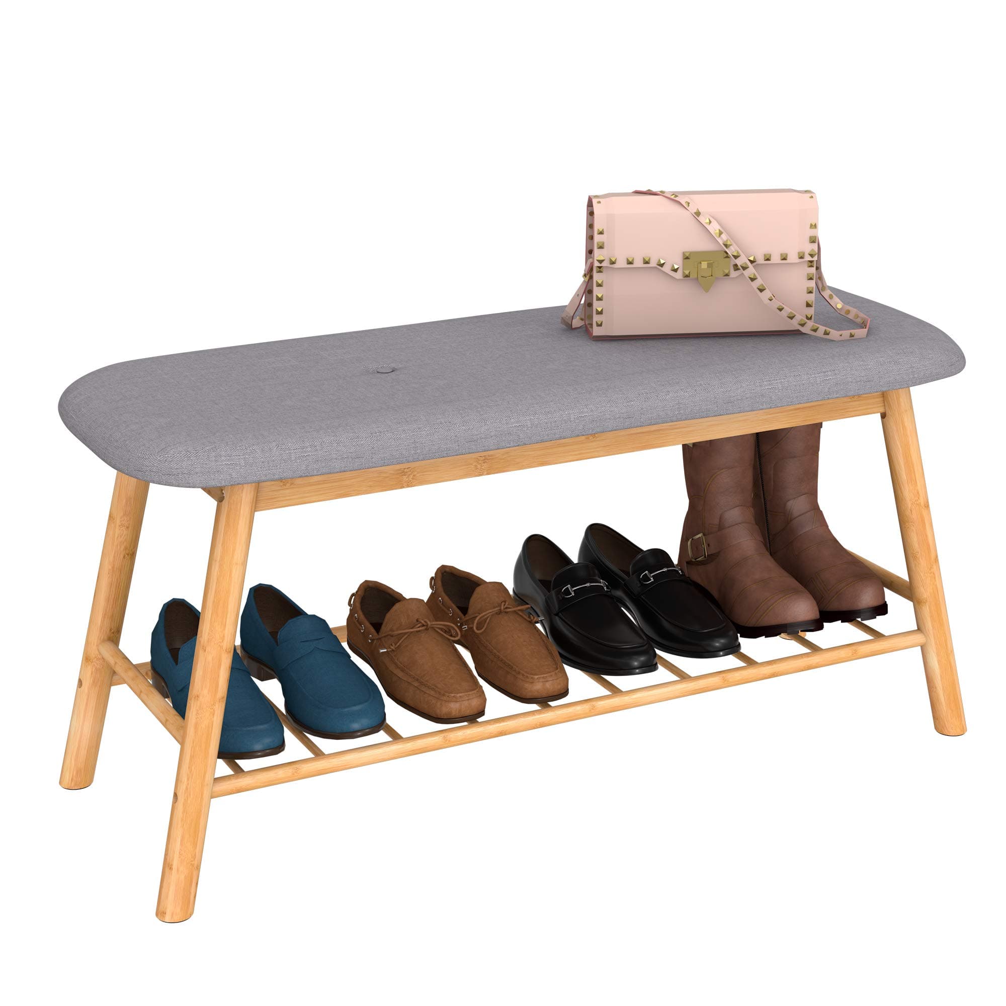 Shoe Rack Bench Ottoman Upholstered - Grey Padded Cushion Bamboo Storage Seat Shelf Free Standing Entryway Hallway Bedroom Living Room