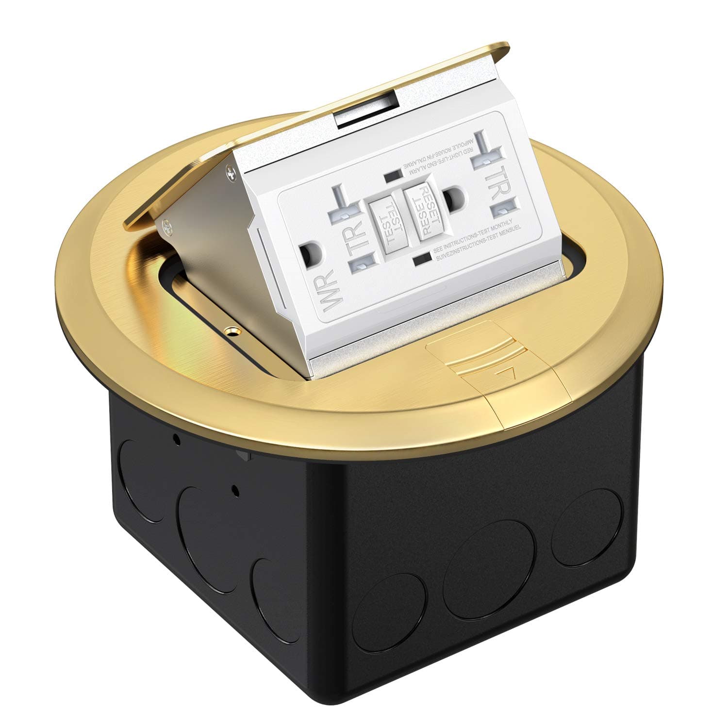 WEBANG Round Pop Up Floor Outlet Box with 20 Amp GFCI Tamper/Weather Resistant Receptacle Outlet, Corrosive Resistant Hardware, Brass Cover
