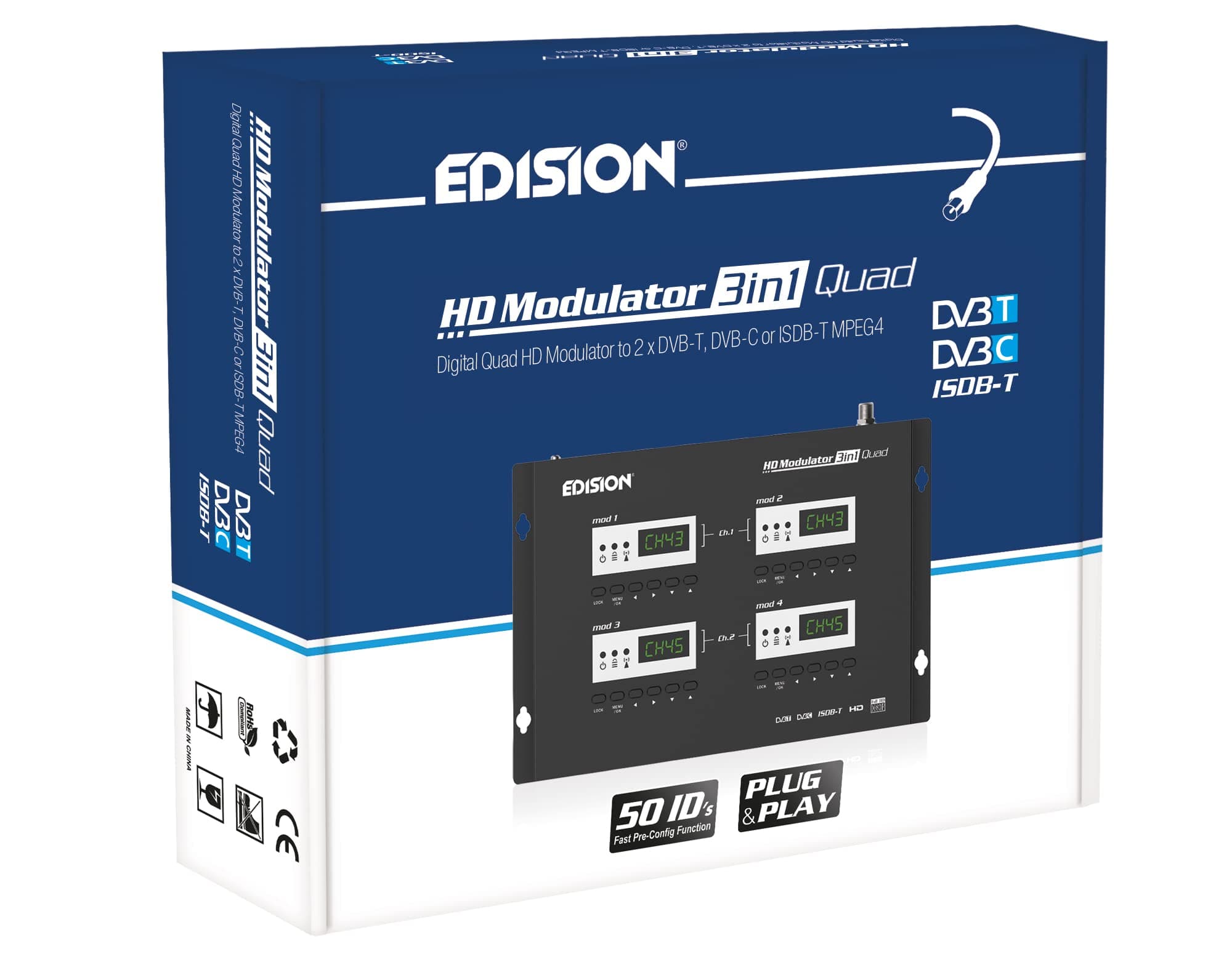 EDISION HDMI MODULATOR 3in1 QUAD, RF Modulator 4x HDMI to Terrestrial DVB-T, ISDB-T or Cable DVB-C MPEG4, 3 SELECTABLE modulation SIGNALS, Full HD Distribution over Coax, Plug and Play