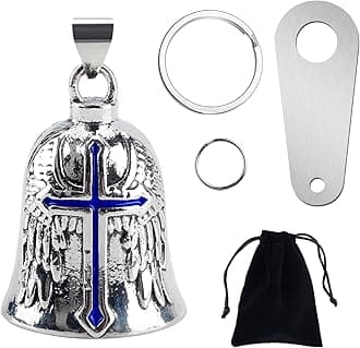 Motorcycle Bell Guardian Angel, Good Luck Biker Bell with Bells Hanger 2 Key Chain Rings and Organizer Bag