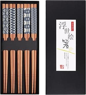GLAMFIELDSBamboo Chopsticks Reusable Japanese Style Lightweight 5 Pairs Ramen Chop Sticks Case Gift Set