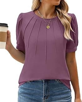 WEACZZY Womens Puff Short Sleeve Tops Dressy Casual Crew Neck Pleated T Shirts Cute Blouse Tunic Top Fashion Clothes 2024