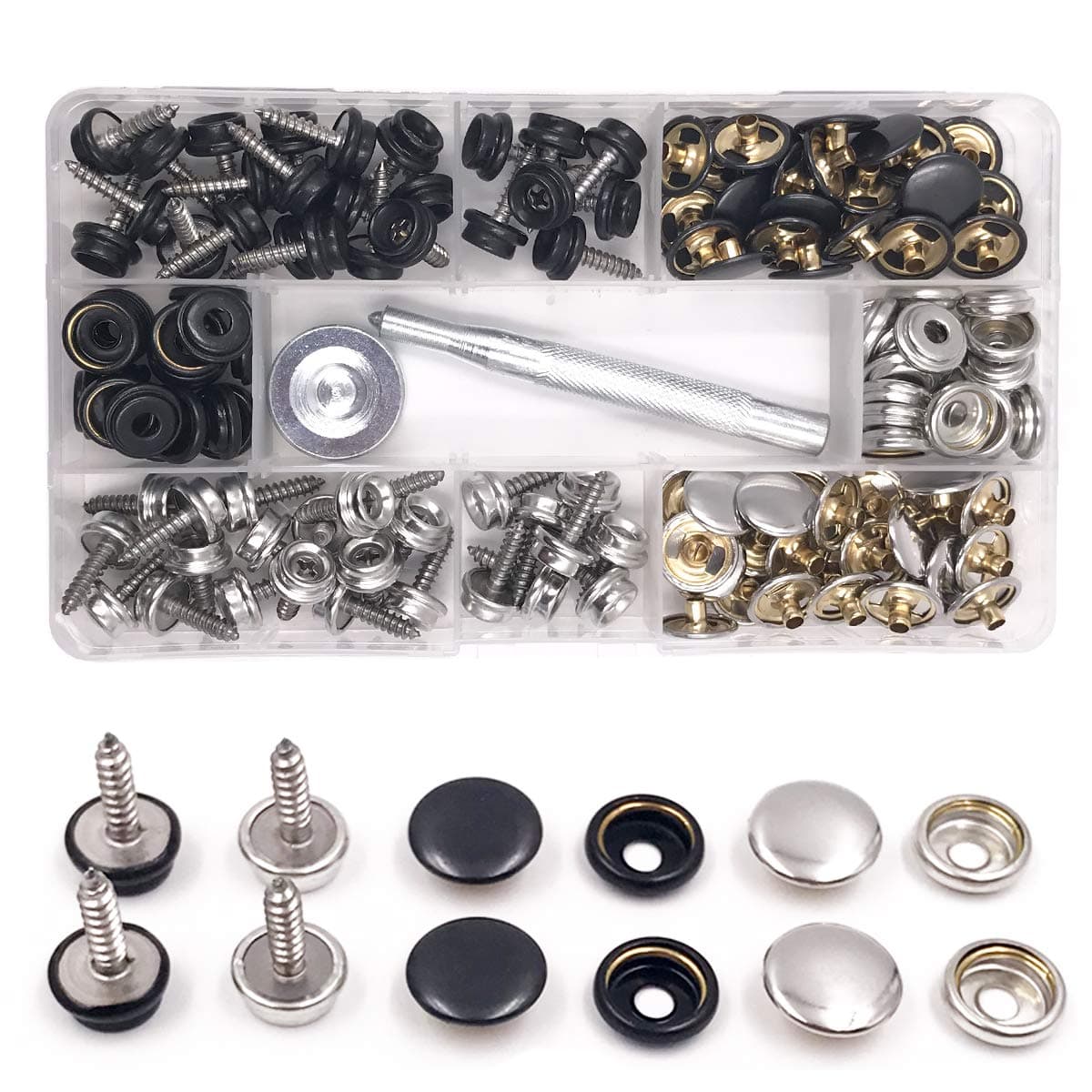 Seloky 150 PCS(50 Sets) Canvas Snap Kit Tool, Upholstery Boat Cover Snap Button Grade 3/8" Socket Stainless Steel Boat Canvas Snaps with 2 Pcs Setting Tool for Boat Cover Furniture