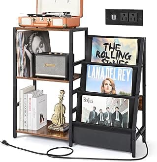 BikoneyRecord Player Stand, Turntable Stand with 3-Tier Vinyl Record Storage, Record Player Table Up to 200 Albums, Vinyl Records Shelf with Power Outlet, Vinyl Record Holder Cabinet for Living Room