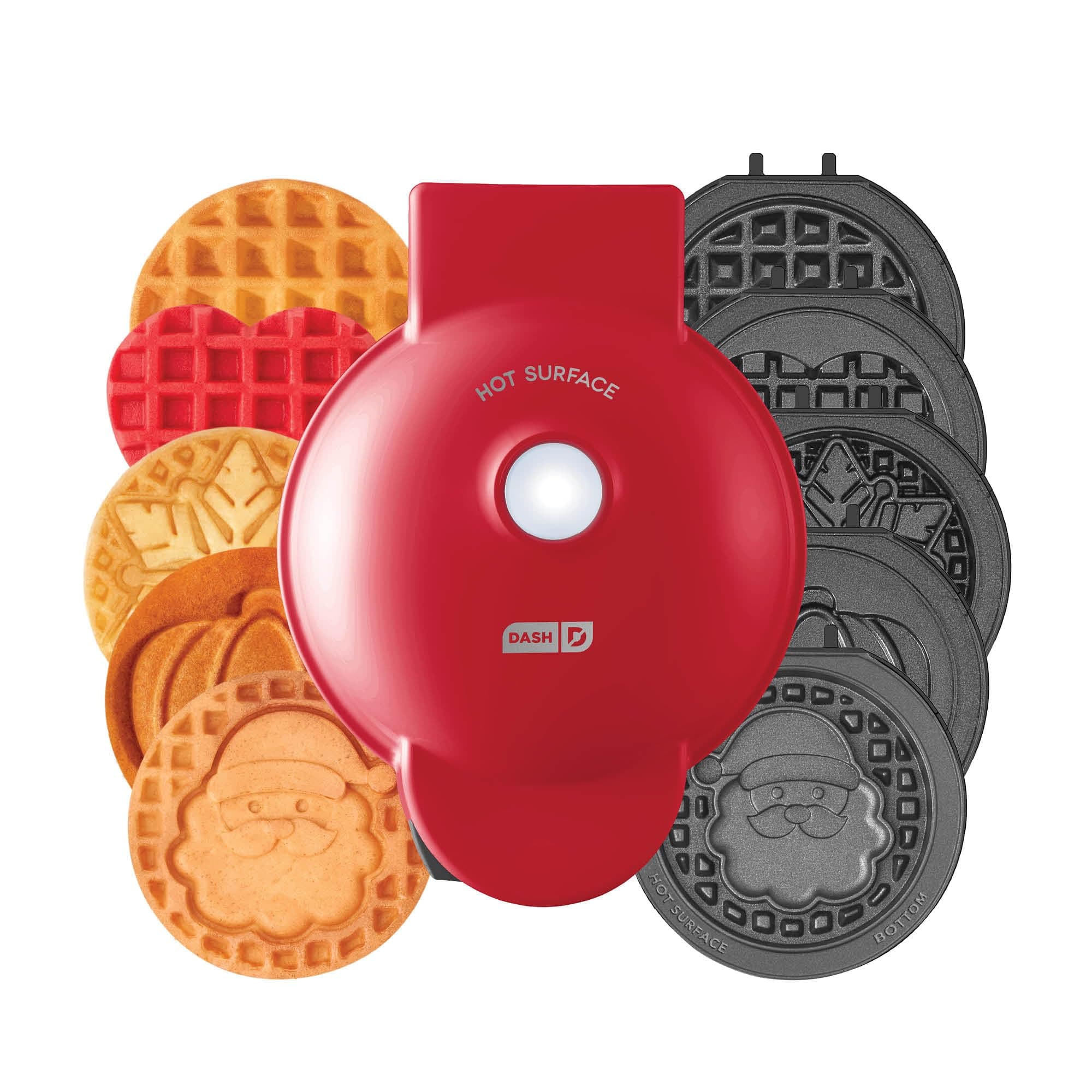 Dash Holiday MultiMaker Mini System - Includes Seasonal Snowflake, Pumpkin, Heart, Santa, and Classic Waffle Plates - Red, Six 4-Inch Removable Plates