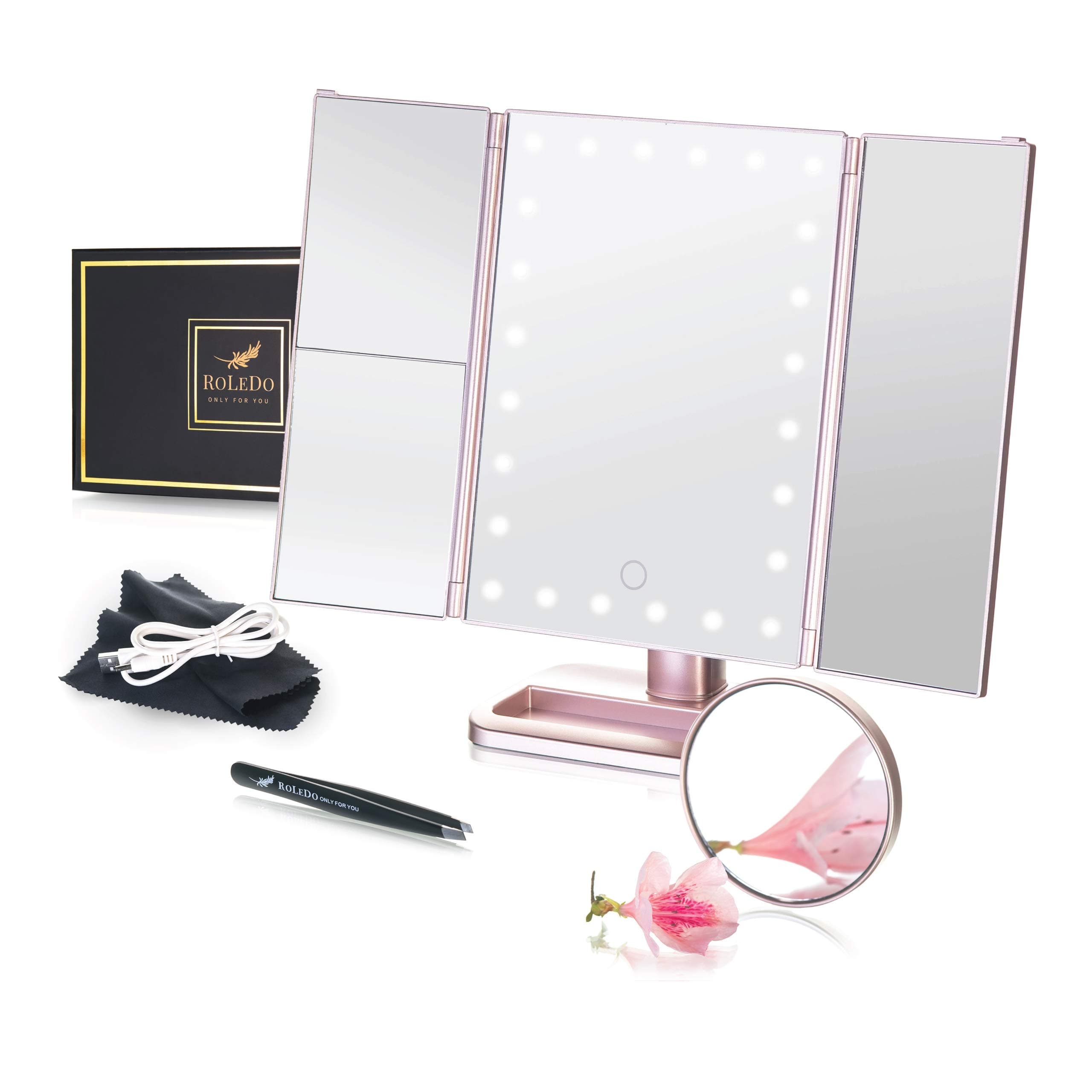 RoLeDo Makeup Vanity Mirror with 24 Led Lights, Lighted Trifold Make up Mirrors with Set Gift, 2X3X10X Magnification, Bright Touch Screen USB or Battery 180 Rotation Portable for Travel (Rose Gold)