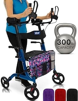 Vive Mobility Upright Walker with Seat, for Seniors, Women - Stand Up Rollator, Arm Rests, Heavy Duty, Folding Medical Aid Scooter for Elderly, Seniors - Walking Foldable Assist (Blue, Floral Bag)