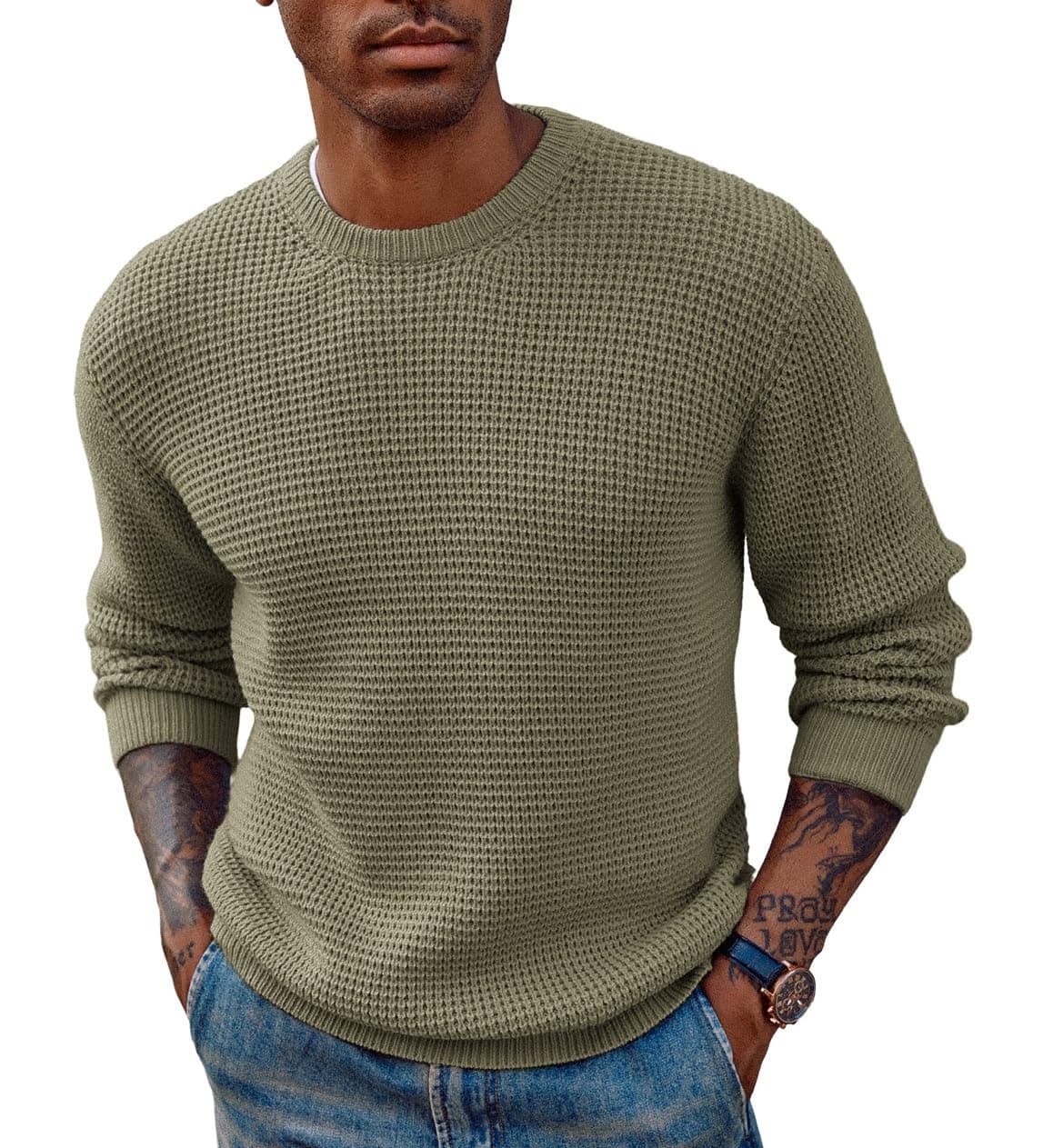 PJ PAUL JONES Mens Pullover Sweater Waffle Textured Long Sleeve Knitted Sweaters