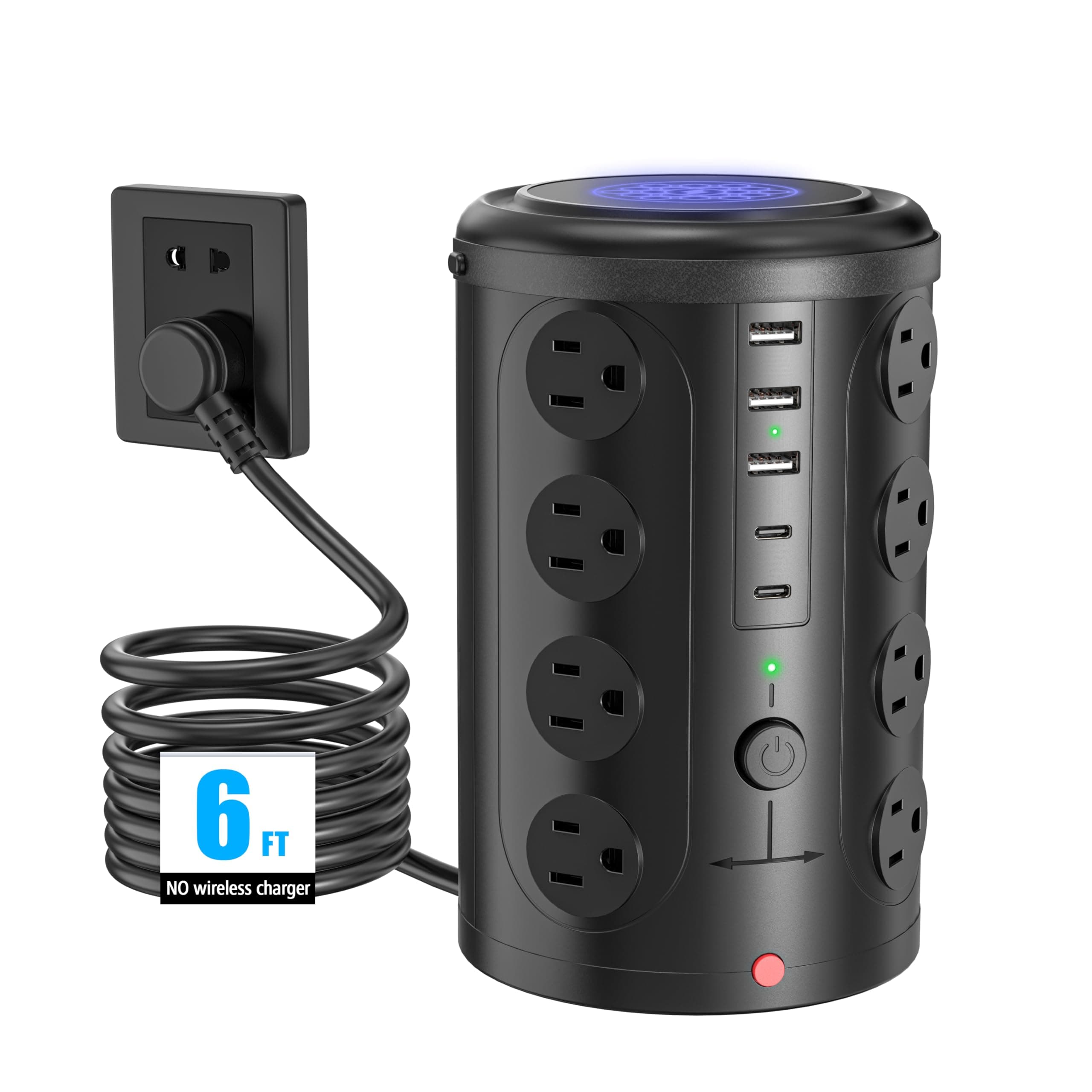 Tower Power Strip Surge Protector with 16 Outlets and 5 USB Ports (2 USB-C), 6FT Extension Cord with Multiple Outlets,Heavy Duty Charging Station,Home Office Dorm Room Essentials. No Wireless Charging