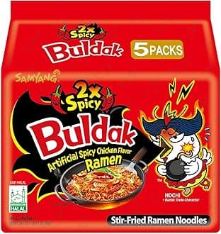 Samyang Buldak Hot Chicken Ramen, Korean Stir-Fried Instant Noodle, 2X Spicy, 4.94 OZ(140g), Pack of 5