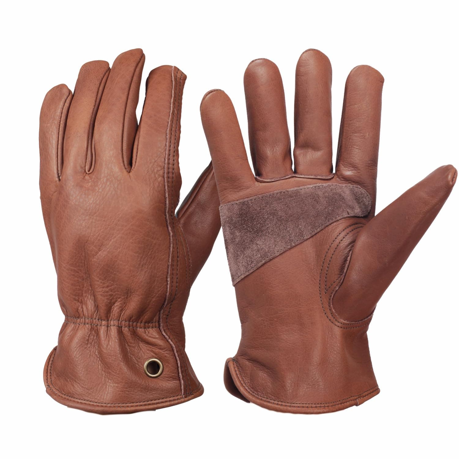 Retro Brown Cowhide Leather Work Gloves for Construction, Yardwork, Gardening with Reinforced Palm for Men & Women