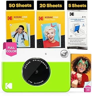 KODAK Printomatic Full-Color Instant Print Digital Camera - 75 Sheets Bundle - Prints On Zink 2x3 Sticky-Back Photo Paper - 5MP, Portable, Creative Fun Gift for Birthday, Christmas, Holiday - Green