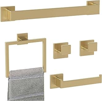 Bathroom Accessory Towel Bar Set: 5 Pieces Gold Bathroom Hardware Square SUS304 Stainless Steel - Wall Mounted Towel Rack&Toilet Paper Holder&Towel Ring and Towel Hook