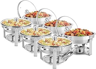 ROVSUN 5Qt 6 Pack Chafing Dish Buffet Set, NSF Stainless Steel Round Chafers for Catering, Buffet Servers and Warmers Set with Glass Lid & Lid Holder for Wedding Party Banquet Event