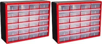 Akro-Mils 24-Drawer Plastic Drawer Storage Cabinet for Garage Organization, Bead Organizer, Building Bricks Storage, Teacher Toolbox, Makeup Organizer, 20-Inch W x 6-Inch D x 16-Inch H, 10124 Red