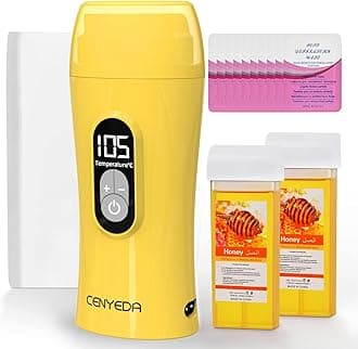 CENYEDADigital Roll On Wax Kit,Honey Thermostatic Roller Waxing Kit for Sensitive Skin, Depilatory Soft Wax Warmer with 2 Cartridge Refill 10 Wax-removing wipes and 100pcs Wax Strips（Yellow）