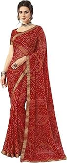 SIRIL Bandhani Women's Printed Chiffon and Lace Sari with Blouse