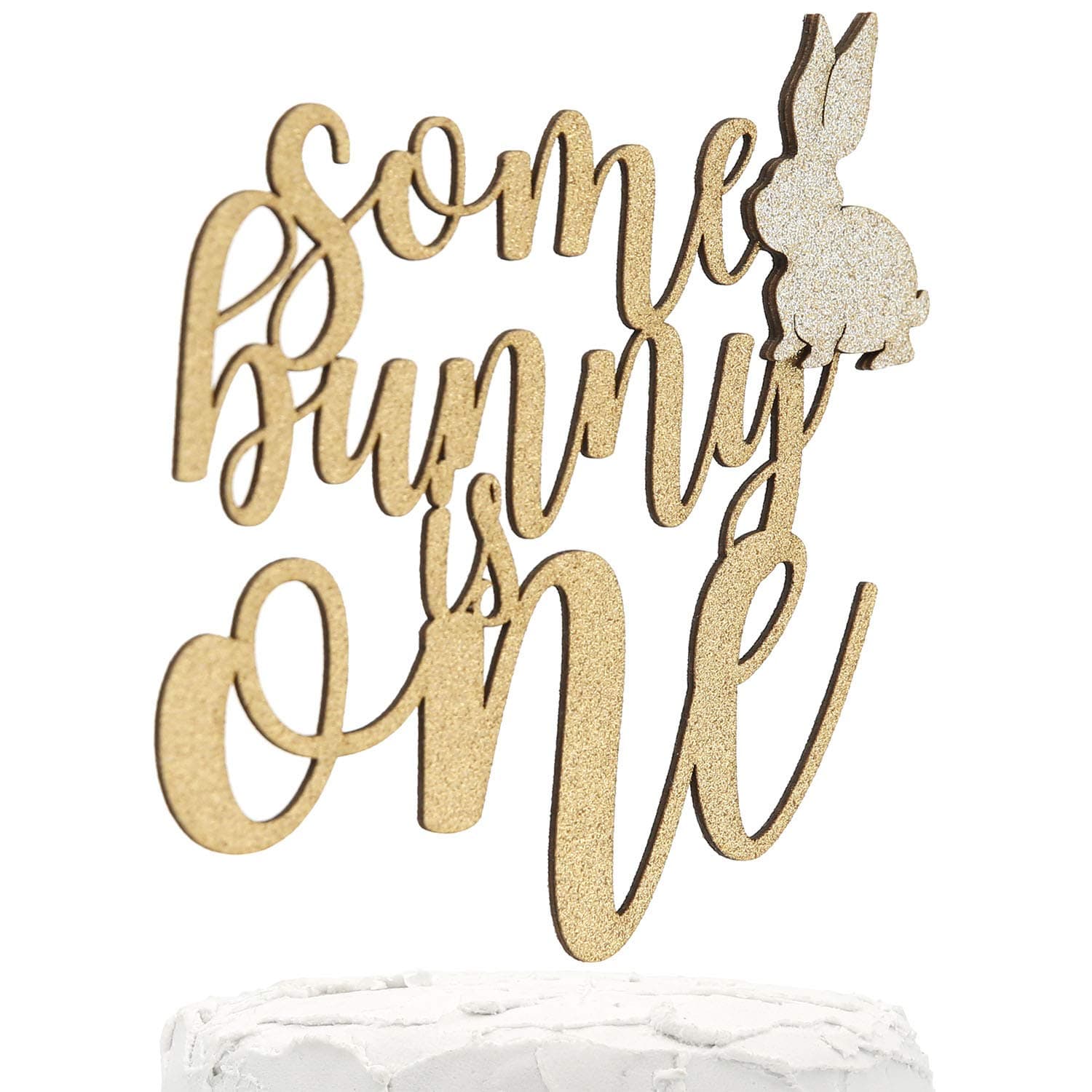NANASUKO Cake Topper - Somebunny is One - Double Sided Gold Glitter with Light Gold Bunny - Premium quality Made in USA
