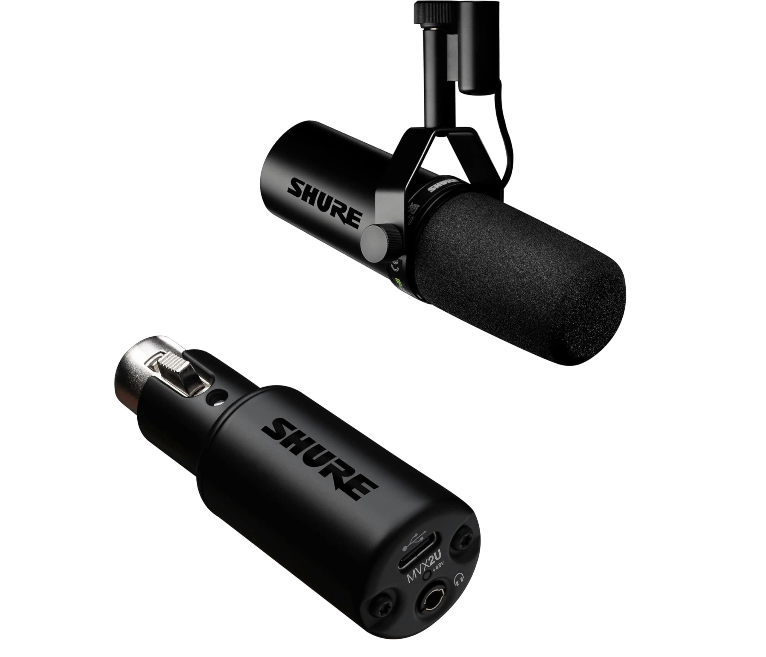 Shure SM7dB Dynamic Vocal Microphone w/Built-in Preamp for Streaming, Podcast, & Recording + Shure MVX2U XLR-to-USB Digital Interface with Headphone Jack, Integrated Pre-amp with 60dB Gain Control