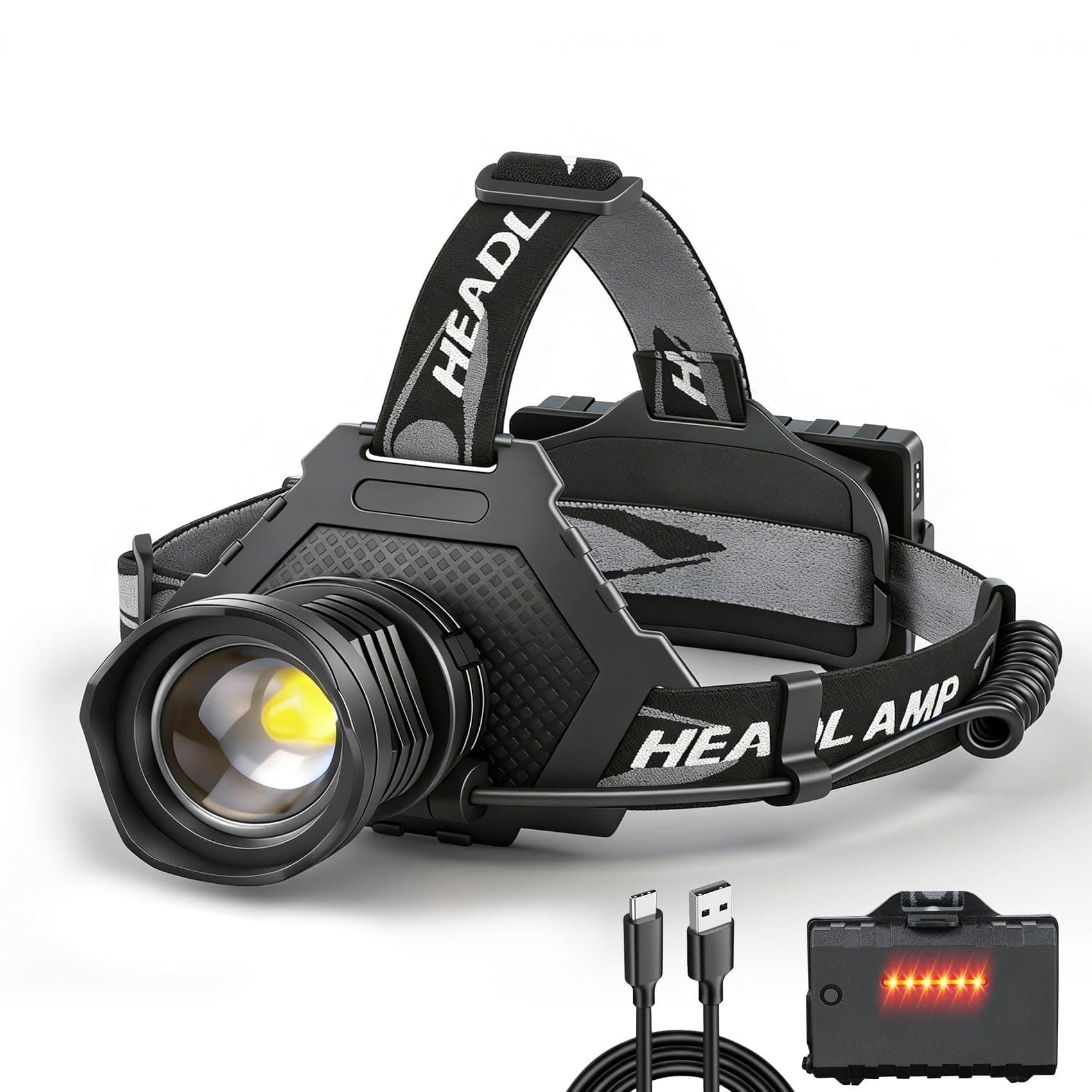 Bud K LED Head Torch USB Rechargeable, Head Lamp XHP70 Super Bright 90000 High Lumen with 5 Modes, Batteries Included, Zoomable, Waterproof Headtorch for Camping Hunting Running Fishing Biking