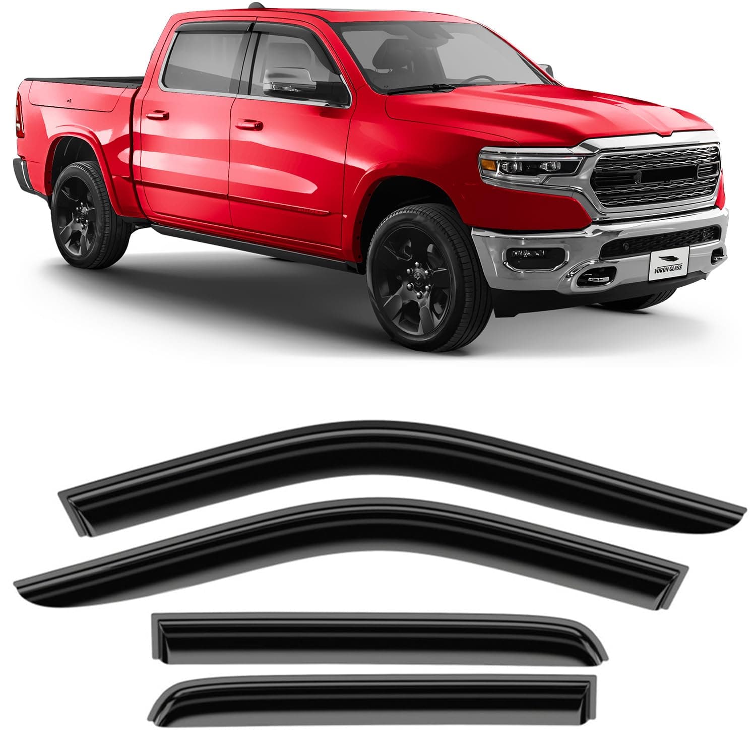 Voron Glass Tape-On Extra Durable Rain Guards for Dodge Ram 1500 2019–2026 Crew Cab, Window Deflectors, Vent Window Visors, 4-Piece Set – 120085