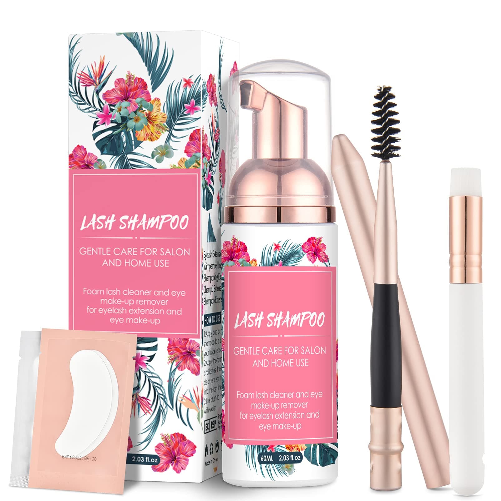 Lash Extension Shampoo 60ml, Eyelash Shampoo For Lash Extensions, Eyelid Foaming Cleanser With Brush, Eyelash Wash and Eye Makeup Remover for Salon Home Use with Mascara Wand and 2 Pairs Eye Gel Pads