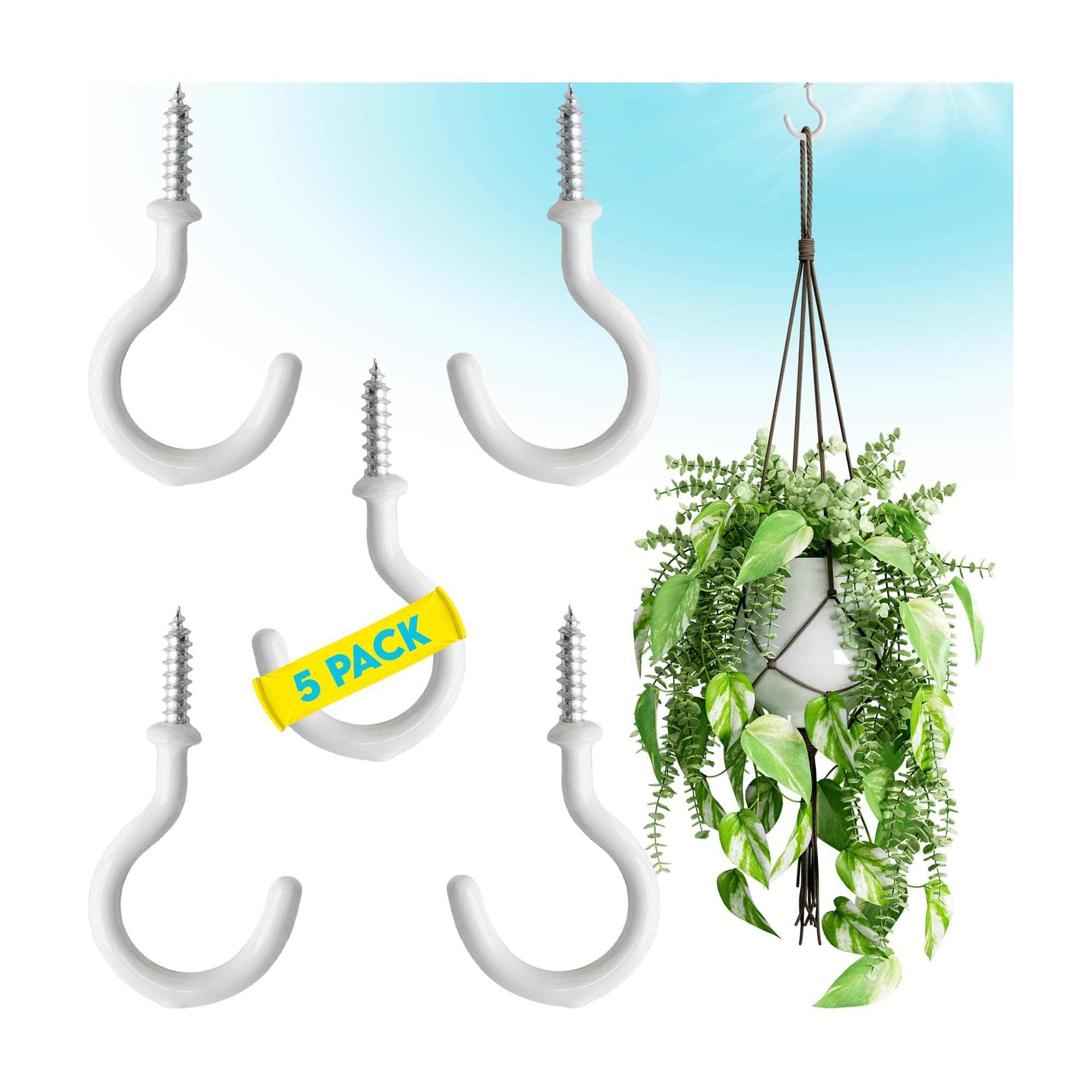 Gray Bunny Vinyl Coated Ceiling Hooks for Hanging Plants, Cups, Kitchen Utensils, 5 pk, White, 2.5", Screw Hooks, Hanging Hooks, Cup Hooks, Plant Hooks, Ceiling Hooks, Screw Hooks for Hanging