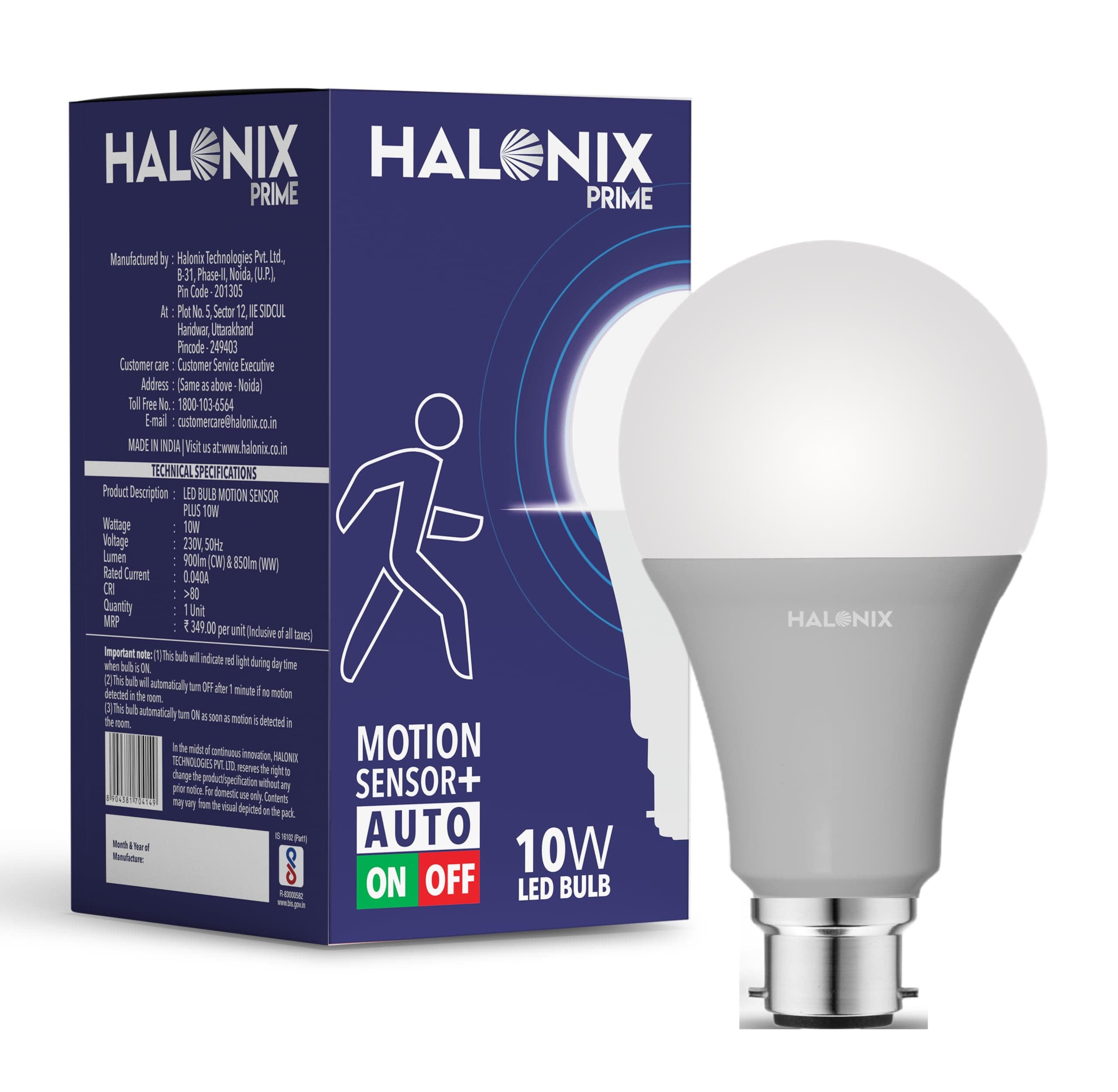 Halonix 10W Motion Sensor Led bulb | Color-6500K White | Auto on- Auto Off light | Motion sensor light | Pack of 1 | b22d