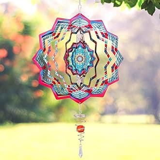 Apipi Mandala Wind Spinner - 3D Stainless Steel Garden Spinner with Ball Spiral Tail, Kinetic Hanging Wind Catcher Sculptures for Yard Art Window Indoor Outdoor Decor, Red