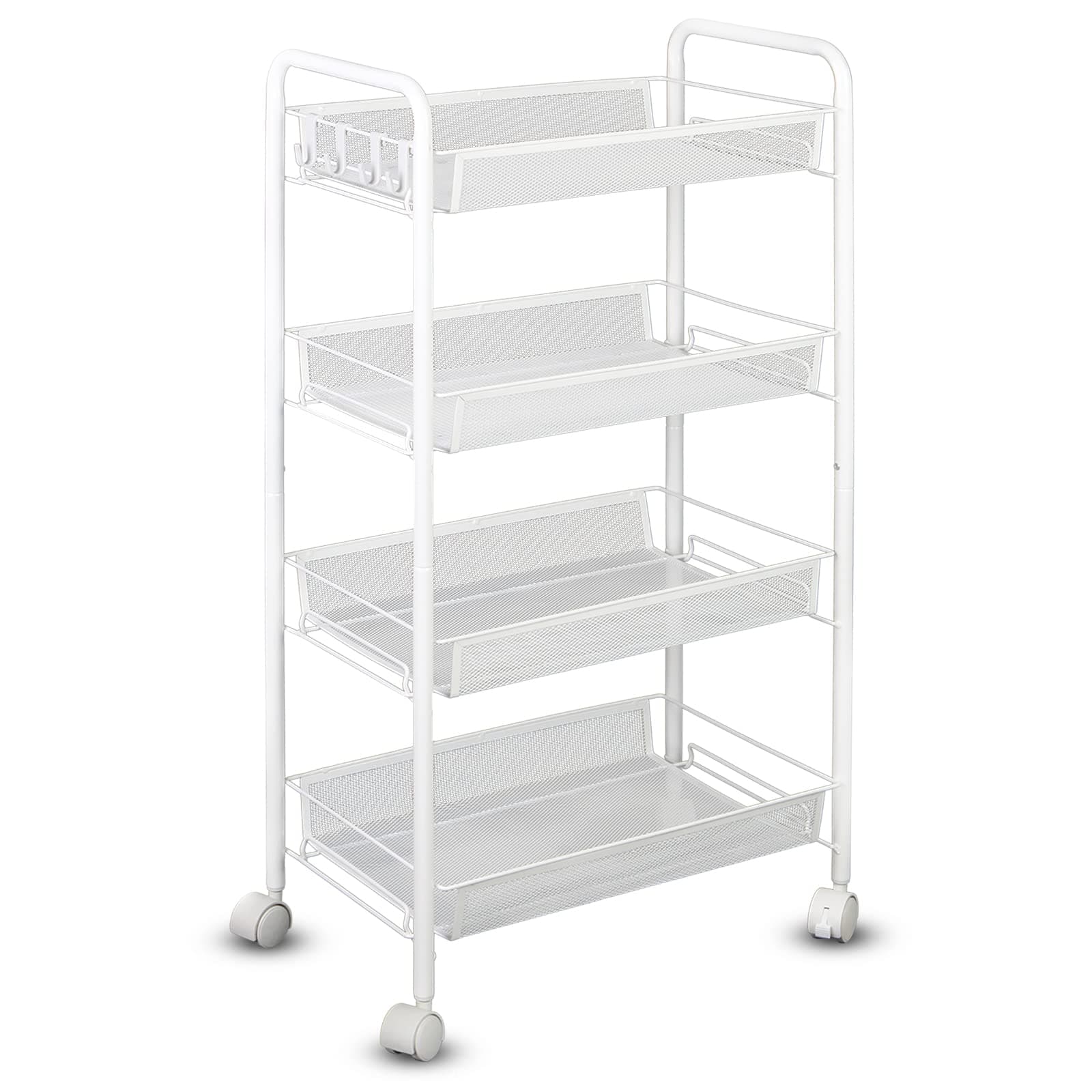 Rolling Push Cart Stand Shelves, Storage Rack with Wheels with Mesh Wire Basket, Multifunction Metal Trolley Organizer for Home, Office, Bedroom, Bathroom, Kitchen (4-Tier White)