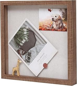 Muzilife 8x8 Shadow Box Picture Frame with Linen Board - Deep Wood & Glass Display Rustic Case Ready to Hang Memorabilia, Pins, Awards, Medals, Wedding, Tickets, and Photos, Carbonized Small