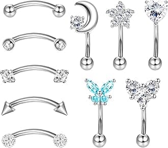 Drperfect 10Pcs 16G Rook Daith Earrings for Women Stainless Steel Belly Lip Ring Cartilage Tragus CZ Body Piercing Curved Barbell Eyebrow Rings 6-8mm