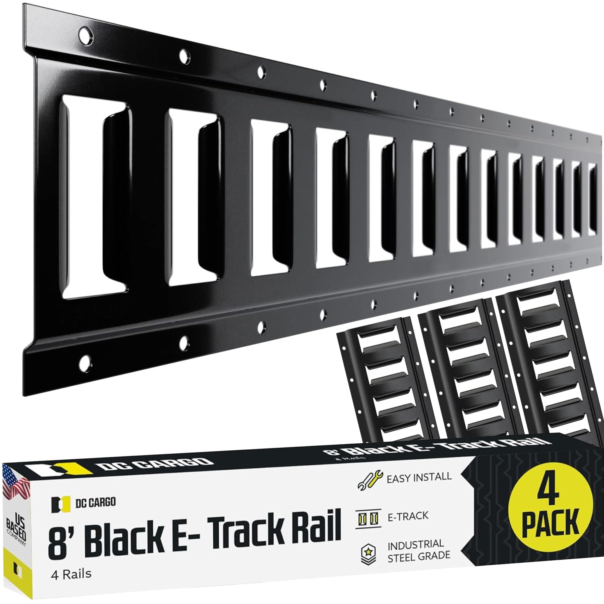 DC Cargo Mall 4Pk E Track Tie-Down Rail, Black Powder-Coated 12 Gauge Steel ETrack TieDowns, 8' x 5" Horizontal E-Tracks, Pack of 4 Bolt-On Tie Down Rails for Cargo on Pickups, Trucks, Trailers, Vans