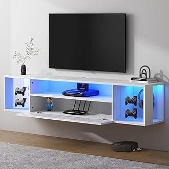 Floating TV Stand Wall Mounted with Lights,LED TV Stand Floating Entertainment Center with Storage for Bedroom Living Room,Modern Floating Shelf for Under TV,White 55"
