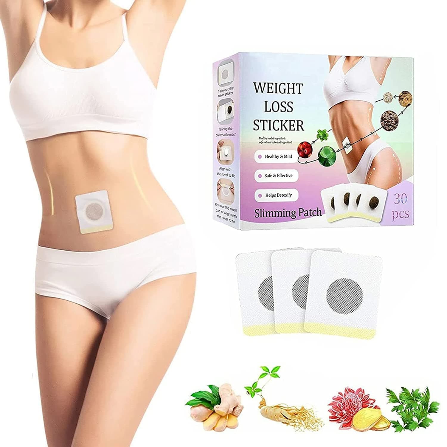 30 Pcs Detox Slimming Belly Pellet, Navel Patch, Moxibustion Patch Wormwood Navel Patch Sticker Self-Heating, for Navel Care Women and Men