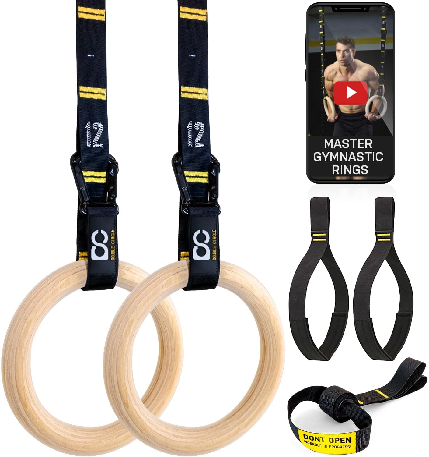 Double Circle Wood Gymnastics Rings with Quick Adjust Numbered Straps and Exercise Videos Guide - Full Body Workout Rings, Calisthenics, Home Gym (Multi-Size)