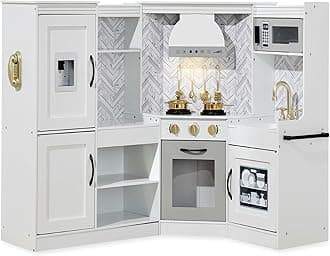 Best Choice Products Pretend Play Corner Kitchen, Ultimate Interactive Wooden Kids Playset w/Lights & Sounds, Ice Maker, Hood - White