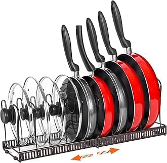 Pot Rack Organizer -Expandable Pot and Pan Organizer for Cabinet,Pot Lid Organizer Holder with 10 Adjustable Compartment for Kitchen Cabinet Cookware Baking Frying Rack,Bronze