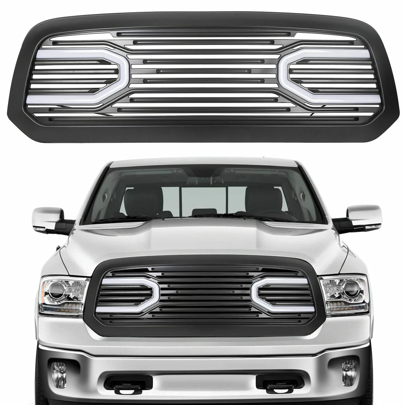 Aveland Big Horn Black Package Grille Grill + Shell & Light compatible with 2013-2018 Ram 1500,Easy to install, adapt to your car, Free return