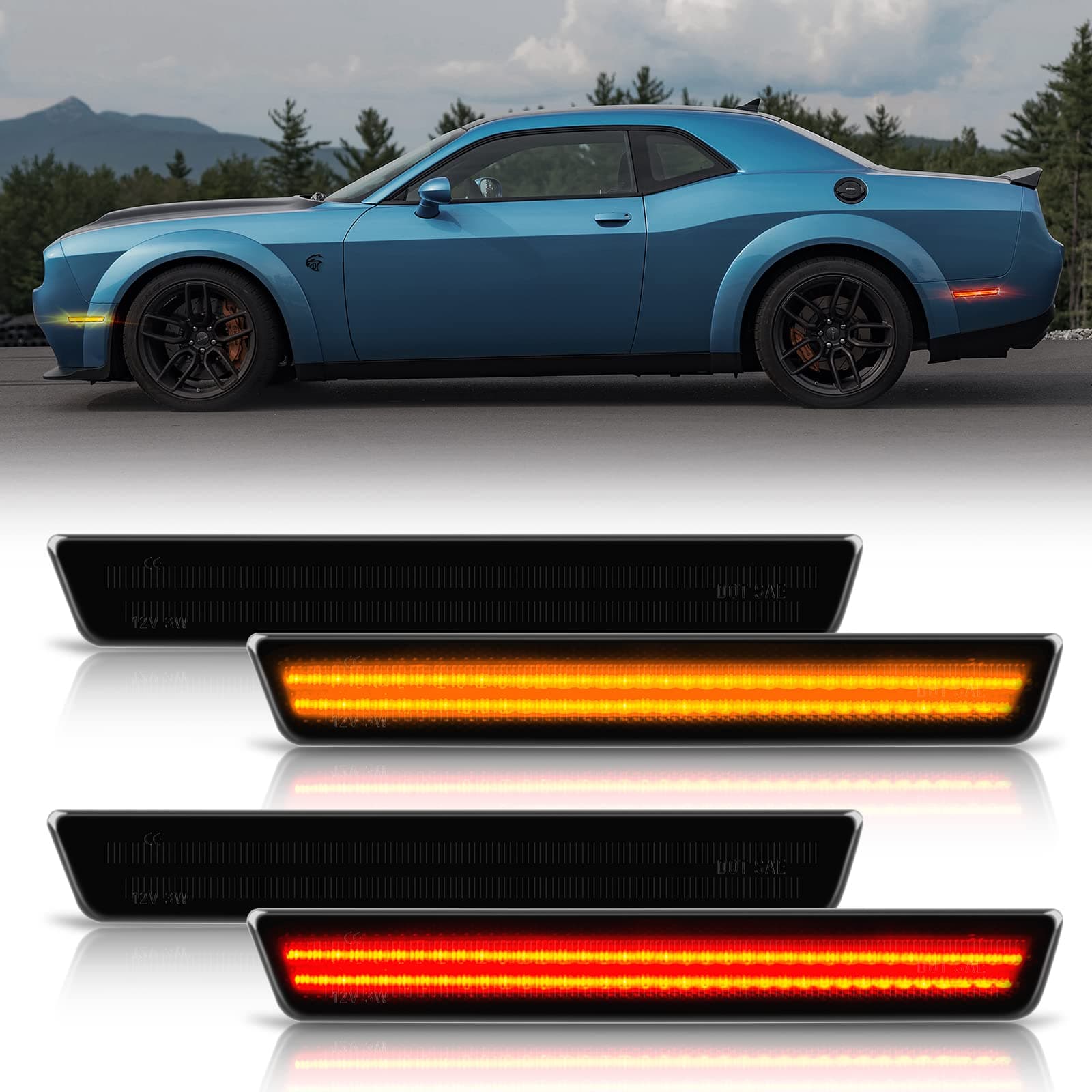 Gempro LED Side Marker Lights Front Rear Bumper Lamps Kits for Dodge Challenger 2015-2023 Smoked Lens 4PCS (Amber Red)