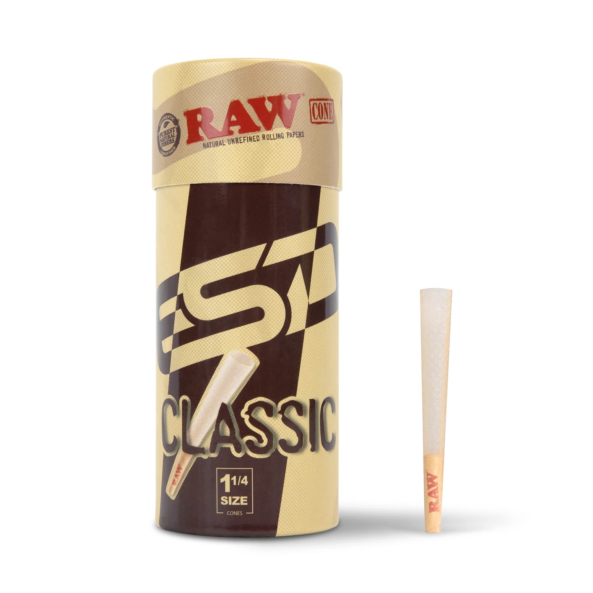 RAW Cones Pre Rolled 1-1/4 Size Classic | 100 Pack | Natural Pre Rolled Rolling Paper with Tips & Packing Sticks Included