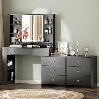 Large Makeup Vanity Desk with Mirror and Lights, Vanity Desk with 8 Drawers & Storage Shelves, Vanity Table with Power Outlet, 3 Color Modes & Adjustable Brightness Dressing Table, Bedroom,Black