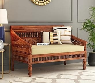 Solid Sheesham Wood Sofa Set for Living Room | Sofas | Wooden Sofa Set (Honey Teak & Cream, 2 Seater)