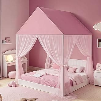 Princess Bed Canopy for Girls - Pink Bed Canopy Princess Castle Dreamy Playhouse Mosquito Net Reading Nook Canopies Play Tent Canopy Bed Curtains for Kids Room(Twin,Full)