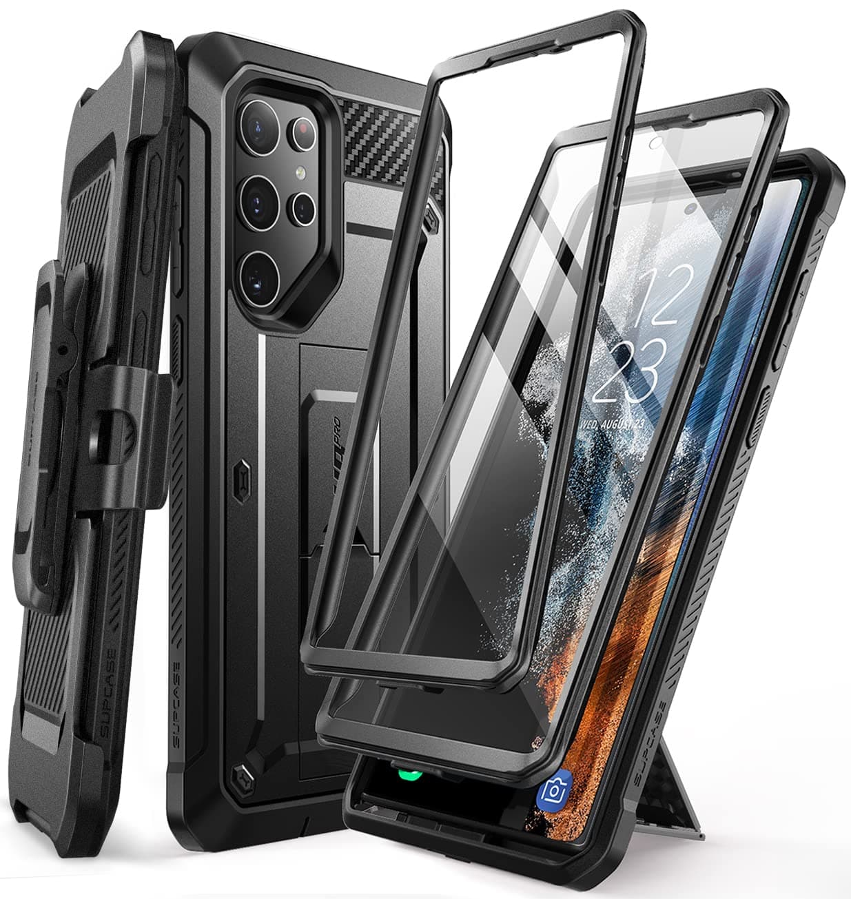 SUPCASE [Unicorn Beetle Pro] Case Designed For Samsung Galaxy S22 Ultra (2022), [Extra Front Frame] Full-Body Dual Layer Rugged Belt-Clip & Kickstand Case with Built-in Screen Protector - Black