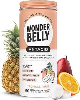 Wonderbelly Antacid, Effective Heartburn and Instant Acid Indigestion Relief, Extra Strength Chewable Tablets, 1000 mg Calcium Carbonate, No Talc or Dye, Tropical Fruit, 60 Count